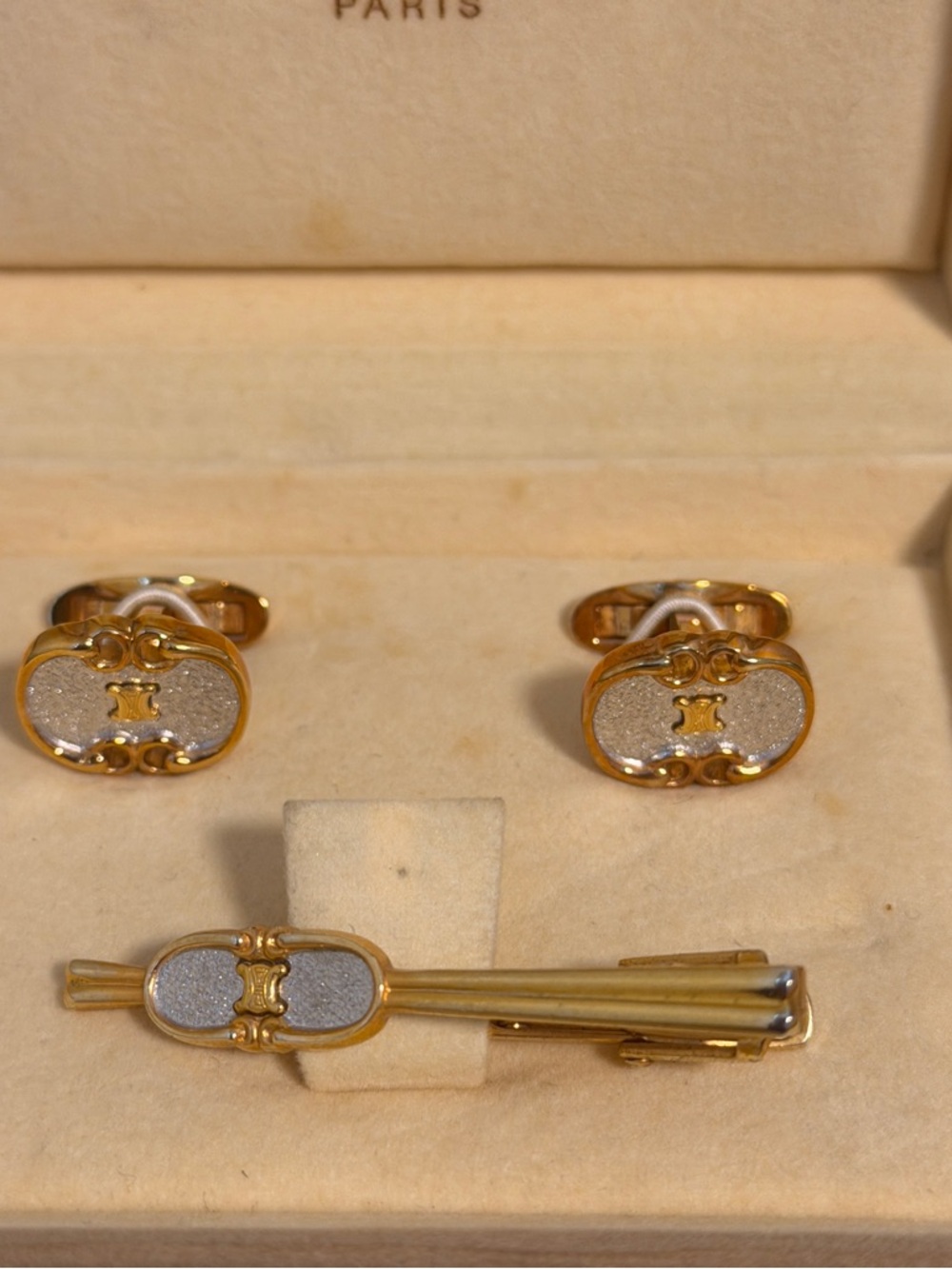 Celine Gold Tone Cufflinks & Tie Clip Set - Gold and Silver Accents - Picture 2 of 4